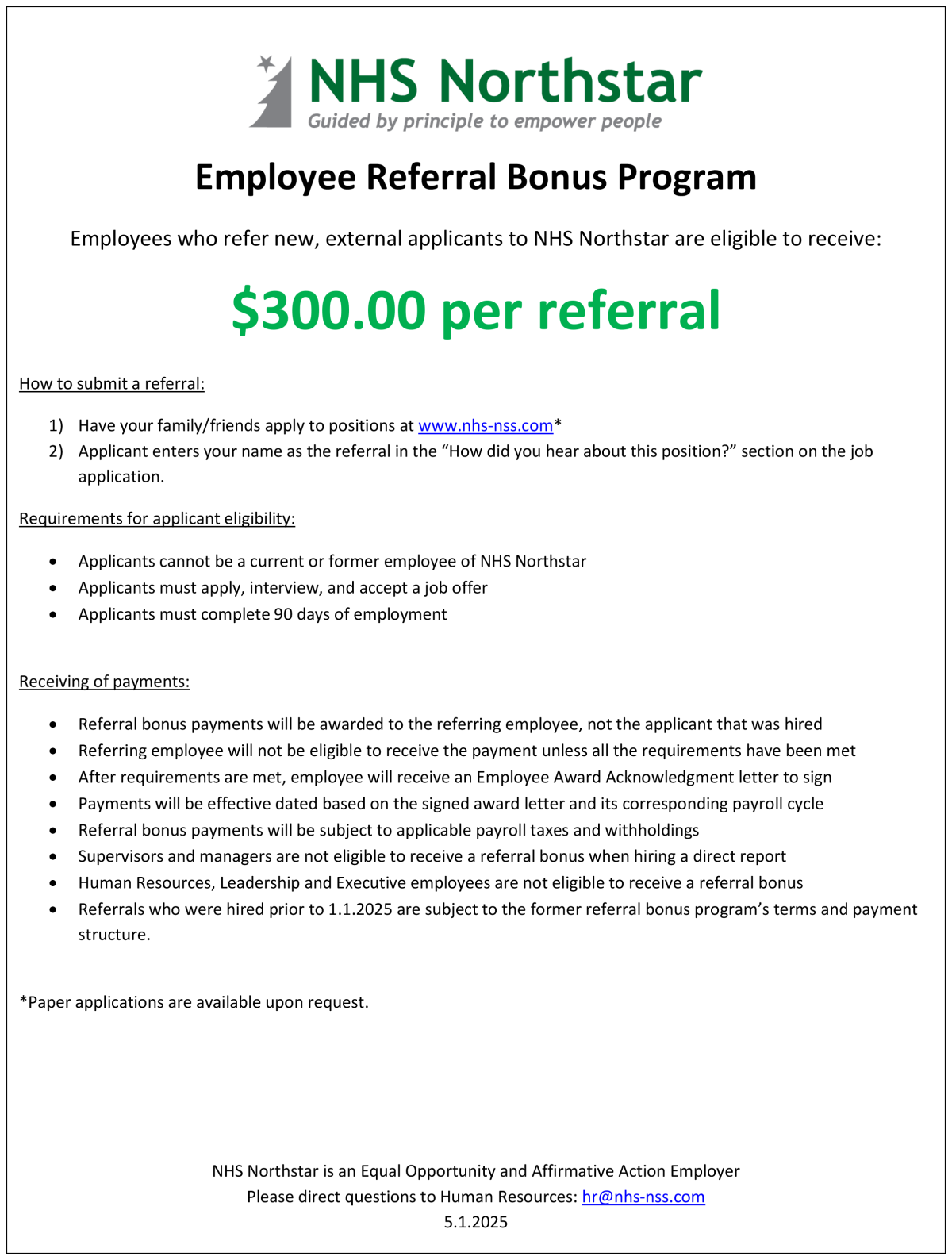 Employee Referral Bonus Program - NHS Northstar